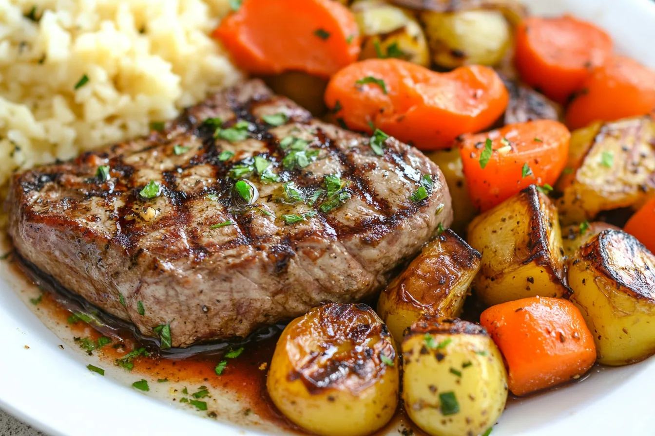 A plate featuring a grilled steak with roasted carrots, potatoes, and a serving of rice.