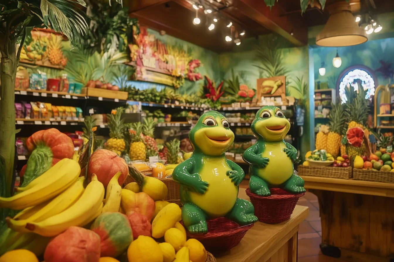 "A tropical-themed produce section at Trader Joe’s featuring bananas, pineapples, and ceramic frog statues."