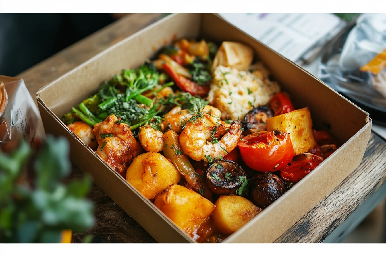 A Gousto meal kit featuring pre-portioned ingredients with shrimp, vegetables, and rice in a brown box.