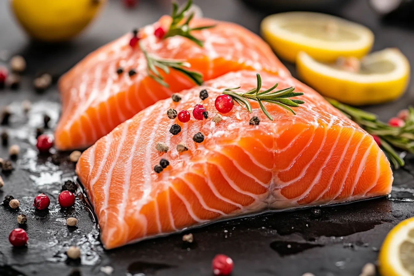 Fresh salmon fillets garnished with peppercorns and rosemary.