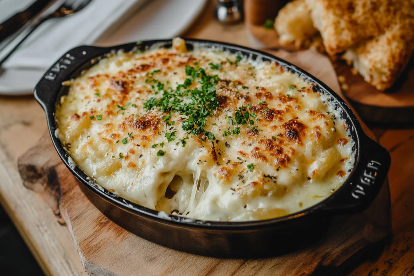 A close-up of baked mac and cheese in a black casserole dish topped with golden cheese and parsley