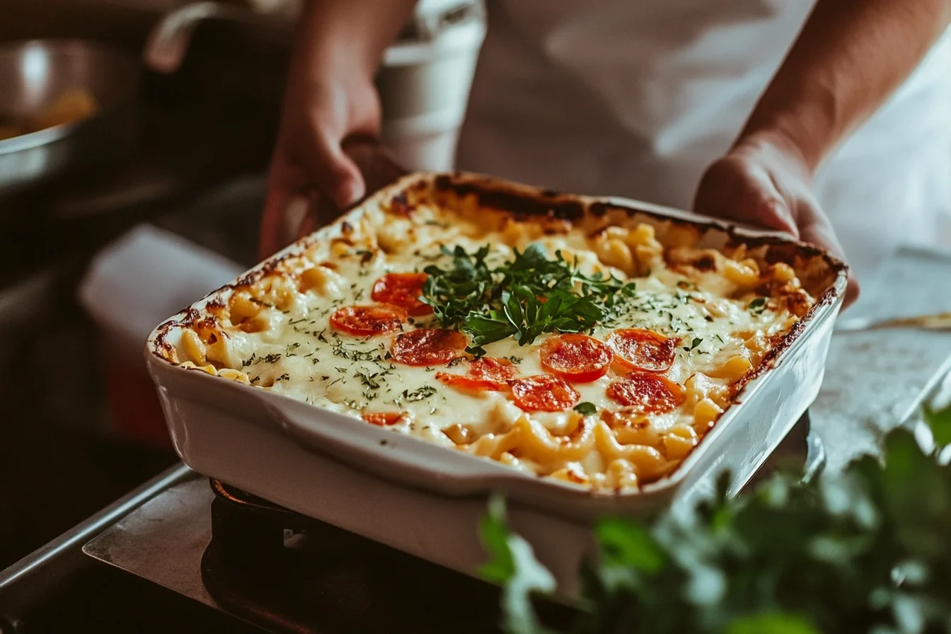 A freshly baked mac and cheese casserole topped with herbs and cherry tomatoes in a white baking dish.