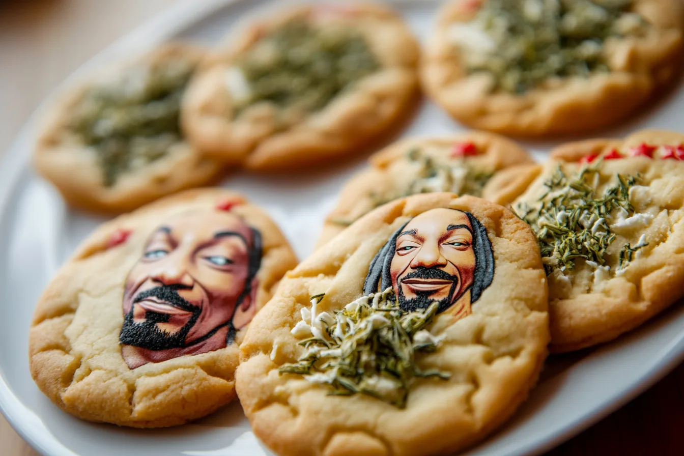 A plate of Snoop Dogg-themed cookies featuring edible images of Snoop Dogg's face and unique herb garnishes.