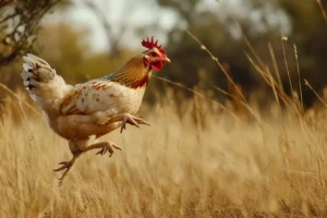 Why is it called Alice Springs chicken? 2 A lively chicken running through golden wild grasslands under the sunlight.
