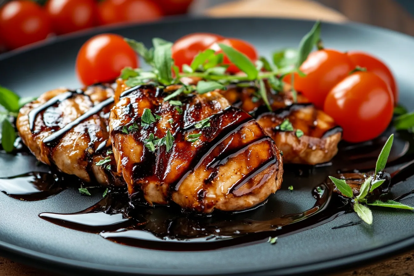 A plate of grilled chicken topped with balsamic glaze and garnished with cherry tomatoes and herbs.