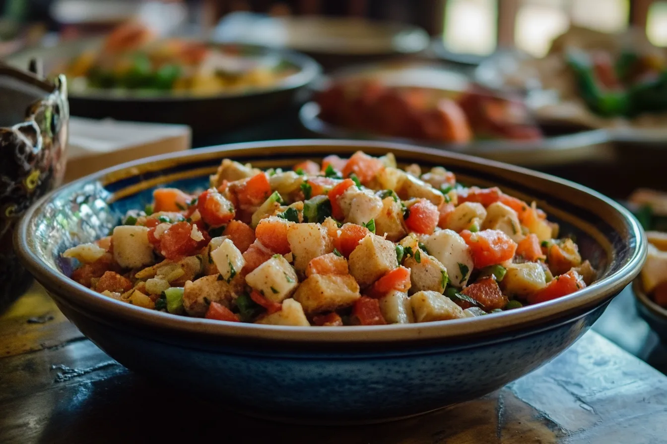 A bowl of colorful Amish Chow Chow relish made from chopped vegetables.