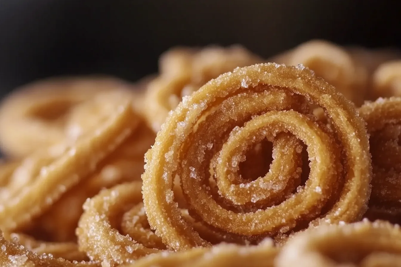 A close-up view of spiral churros dusted with sugar, highlighting their crispy texture.