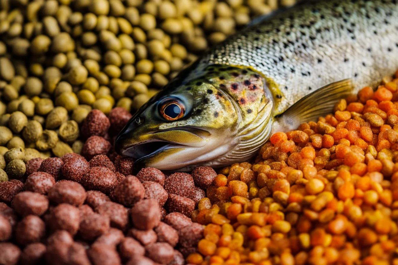 A close-up image of a fish surrounded by colorful homemade fish feed pellets in shades of red, yellow, and brown.