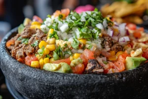 What do you put in a molcajete? 2 Close-up of a molcajete bowl filled with beef, corn, avocado, onions, tomatoes, and herbs.