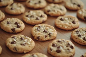 Are Quaker Oats Cookies Healthy? 2 A batch of freshly baked chocolate chip oatmeal cookies arranged on a wooden surface.