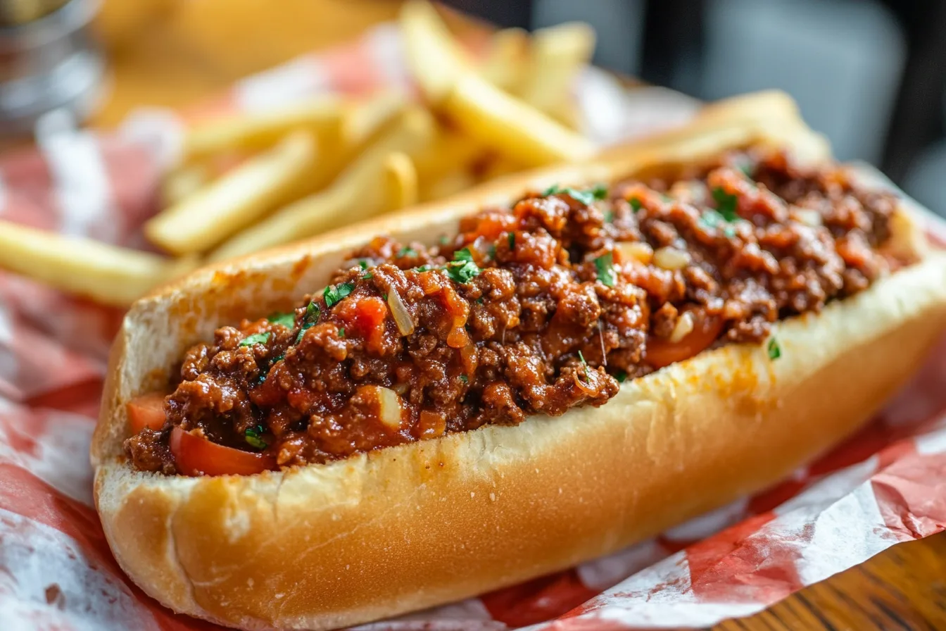 A classic Sloppy Joe sandwich served on a toasted bun with a side of golden French fries