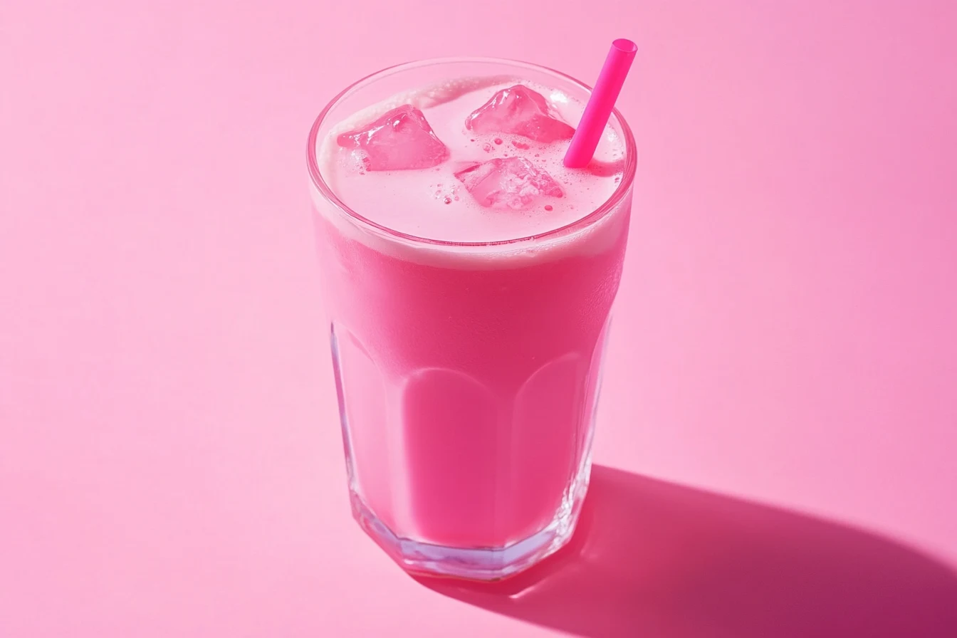 A vibrant pink drink in a clear glass with ice cubes and a matching pink straw, set against a pink background.