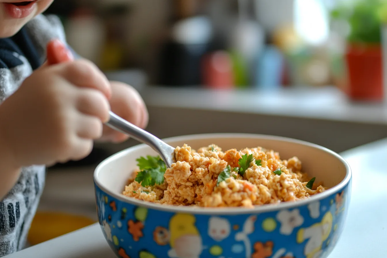 A child eating a bowl of turkey mince garnished with fresh parsley.