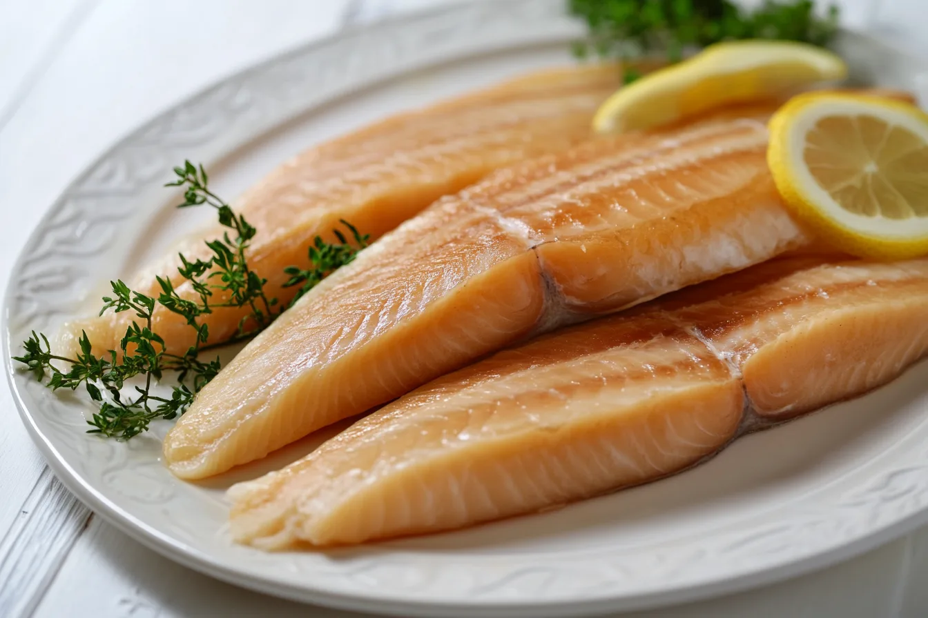 A plate of fresh, natural smoked haddock fillets garnished with thyme and lemon slices.