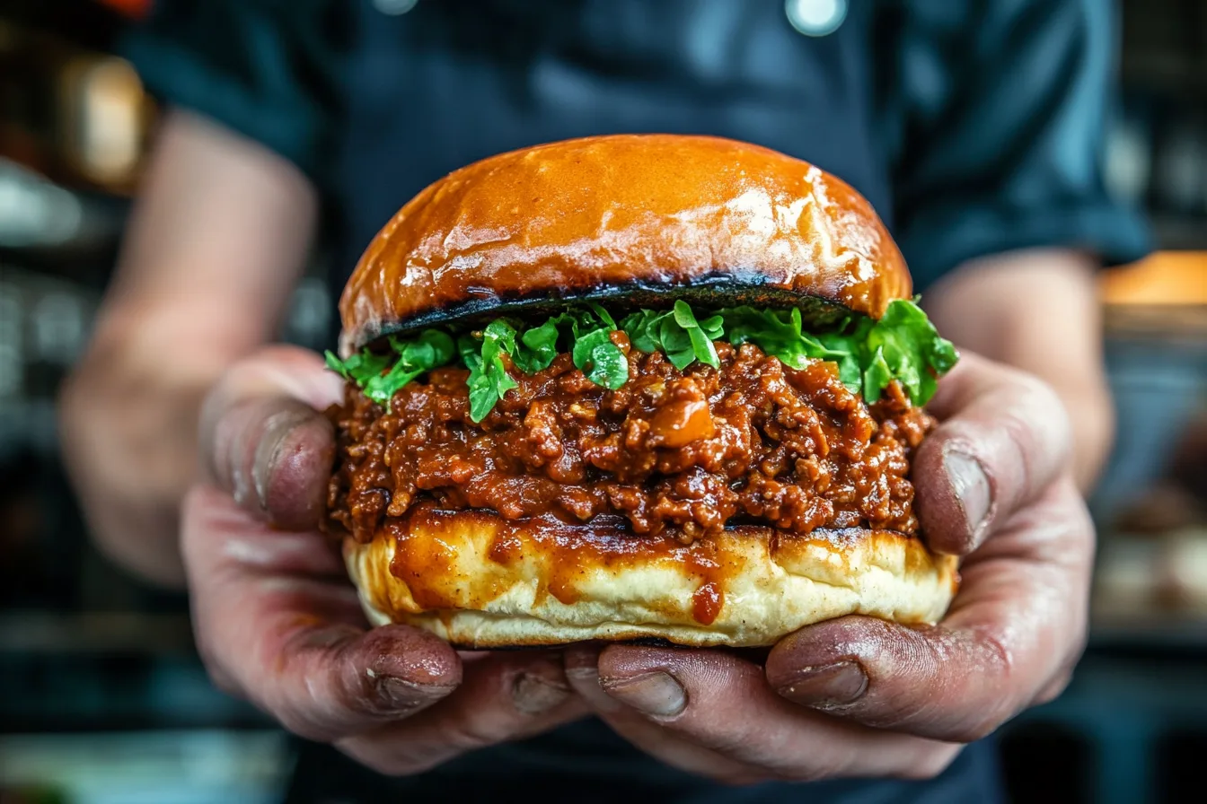 : Close-up of a freshly made sloppy joe sandwich with a glossy bun, lettuce, and saucy beef filling.