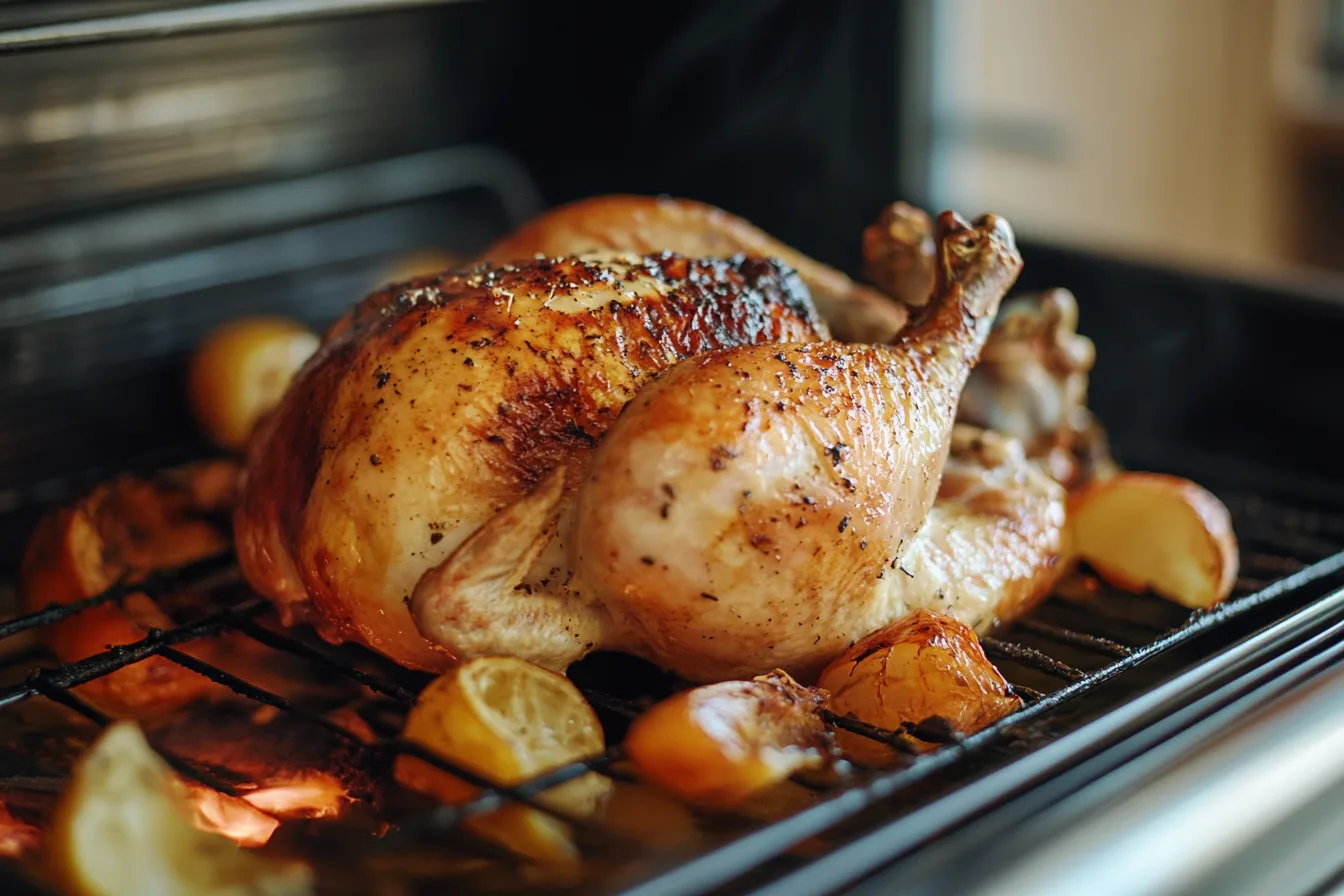 A golden, roasted pollo asado placed on a rack inside an oven with lemon slices around it.