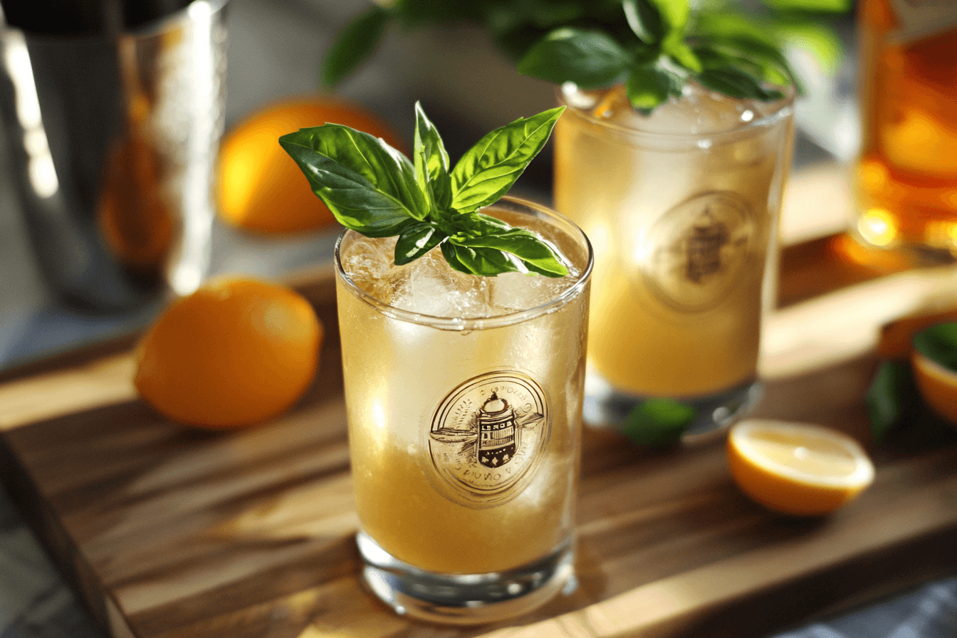 A golden spritz cocktail garnished with basil leaves, surrounded by fresh lemons and set on a wooden board.