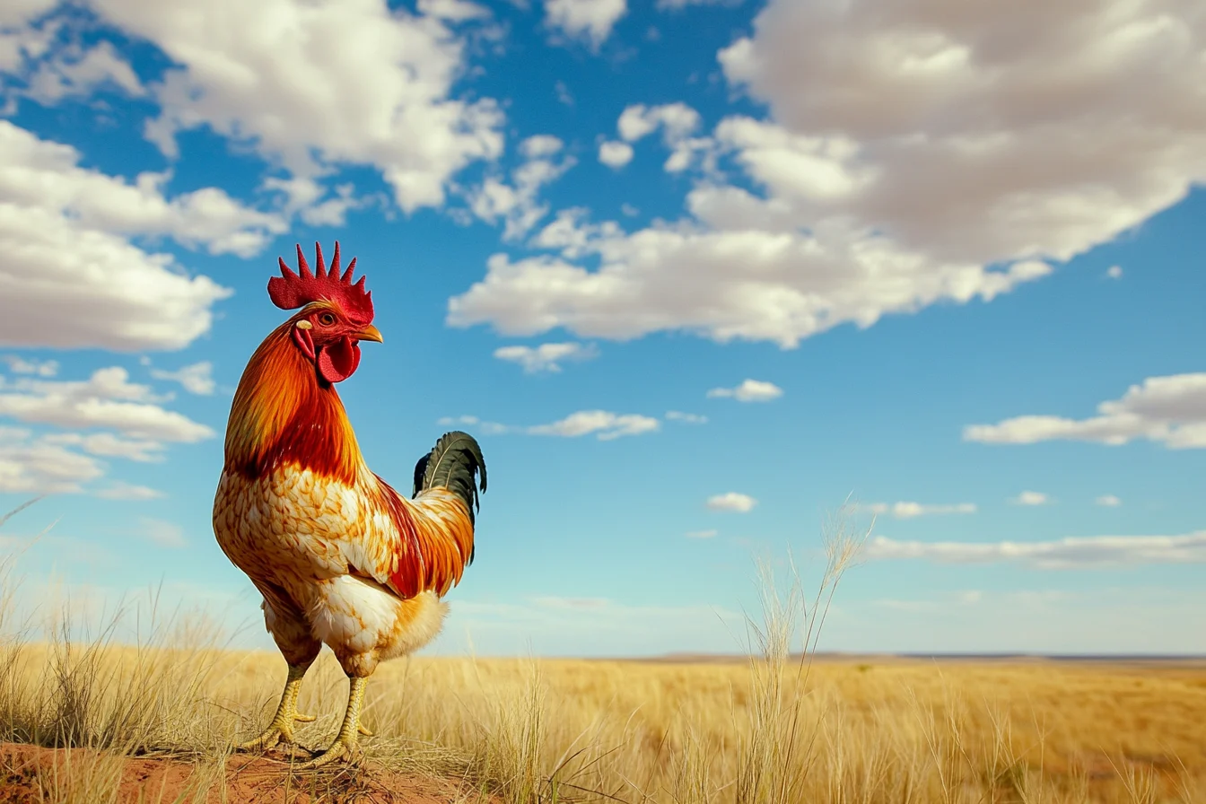 A vibrant rooster standing tall in an Australian outback landscape under a bright blue sky.