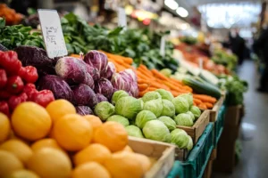 What is amish chow chow made of? 2 : A variety of fresh vegetables, including cabbage, carrots, and peppers, displayed at a market.