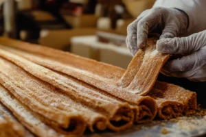 What is churro filling made of? 2 A gloved hand handling freshly made churros, dusted with cinnamon sugar, arranged in rows.