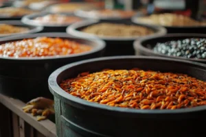 How do you make homemade fish feed? 2 Large bins filled with vibrant orange fish feed and other variations in a fish feed preparation facility.