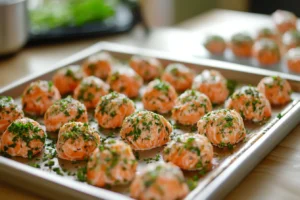 salmon bites recipe 2 Fresh salmon bites coated with herbs on a baking tray