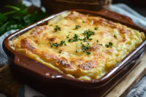 What is the national dish of Greece 2 A freshly baked moussaka in a brown ceramic dish, topped with a golden béchamel layer and garnished with fresh thyme sprigs.