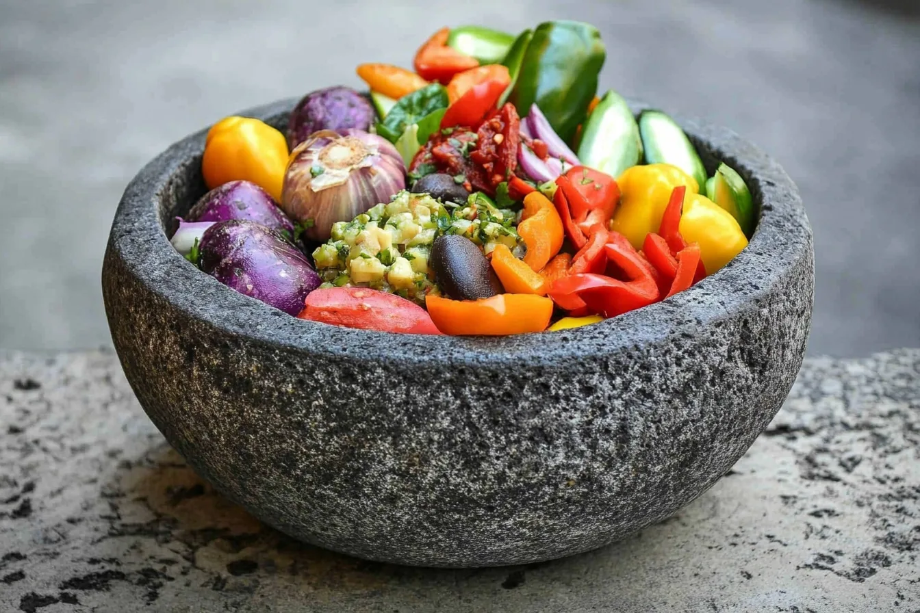 A molcajete bowl filled with colorful vegetables like garlic, bell peppers, onions, and herbs.