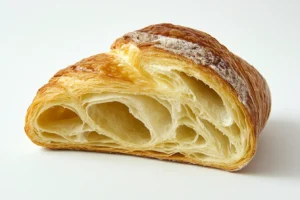 What is the secret to a good croissant? 2 Close-up of a croissant's airy, flaky layers in cross-section