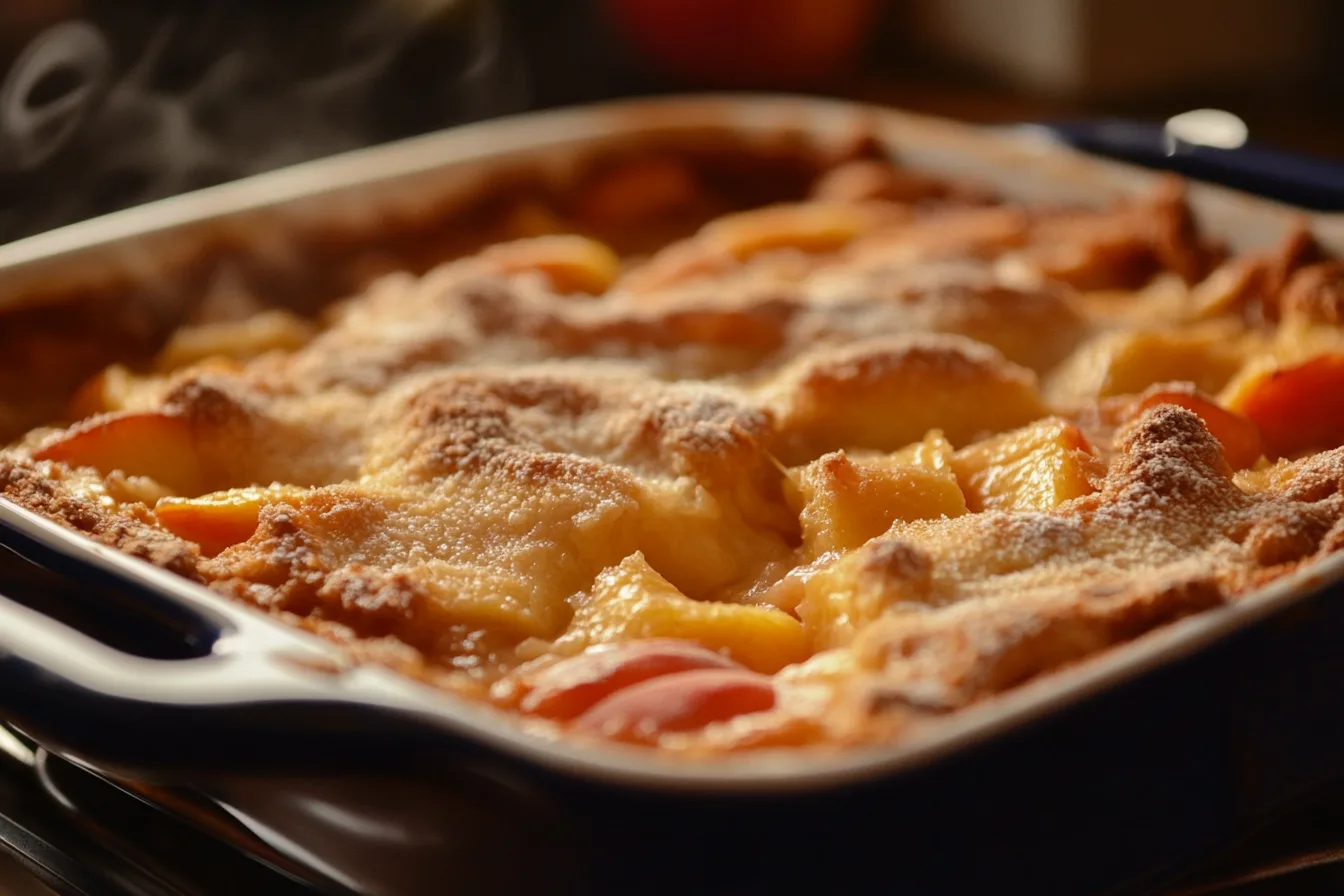 A freshly baked peach cobbler in a blue dish with a golden-brown crust and bubbling peach filling.