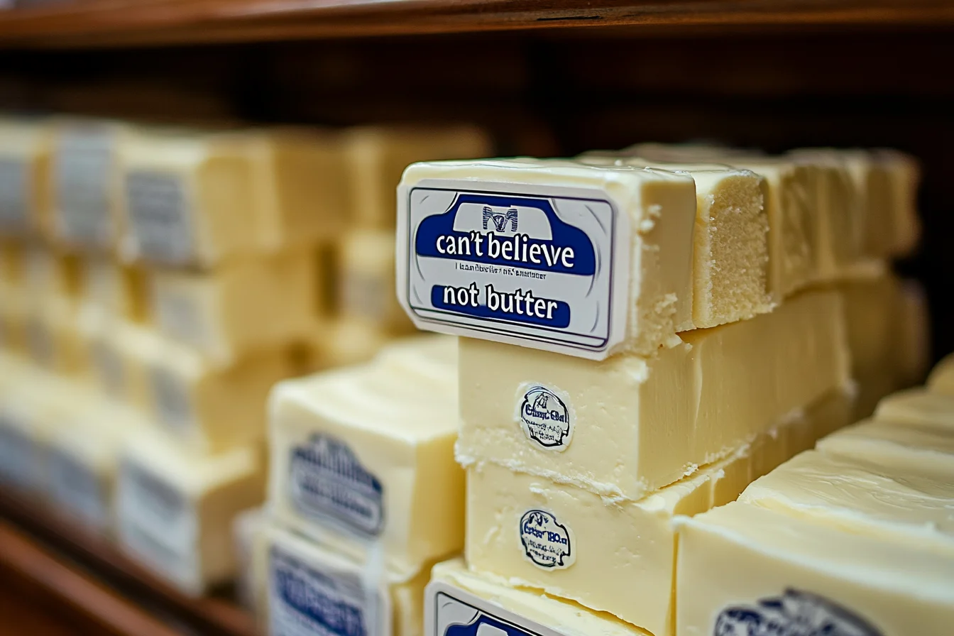 Several packages of "I Can’t Believe It’s Not Butter" stacked on shelves in a store