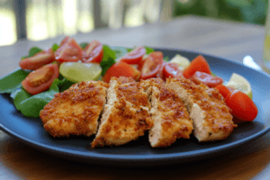 Grilled chicken breasts topped with bacon, cheese, mushrooms, and honey mustard sauce in a hearty Alice Springs Chicken recipe.