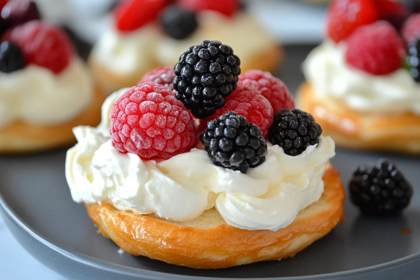 A delicious pastry topped with creamy sweet cream cheese and fresh blackberries and raspberries.