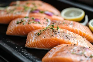 Is steelhead trout better for you than salmon? 3 Seasoned salmon fillets garnished with thyme and lemon slices