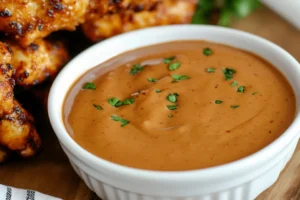 A bowl of Chick-fil-A Sauce garnished with fresh parsley, surrounded by grilled chicken pieces.