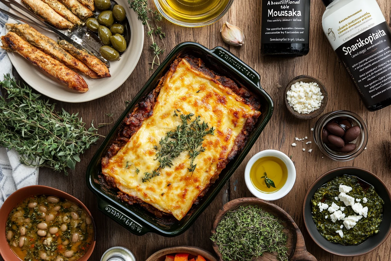 : A table spread of traditional Greek dishes including moussaka, fasolada, breadsticks, olives, feta cheese, and olive oil, styled on a rustic wooden table.