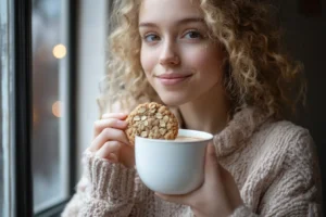 Are Quaker Oats Cookies Healthy? 3 : A young woman holding a cup of coffee and an oatmeal cookie near a window.