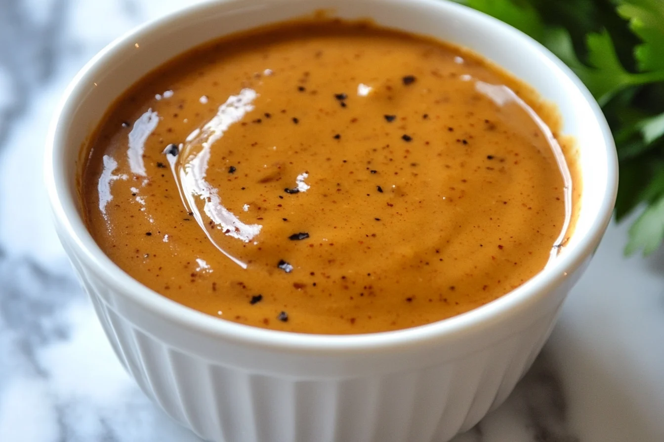 A bowl of homemade Chick-fil-A Sauce, smooth and creamy with specks of spices, placed on a marble surface with fresh parsley in the background.