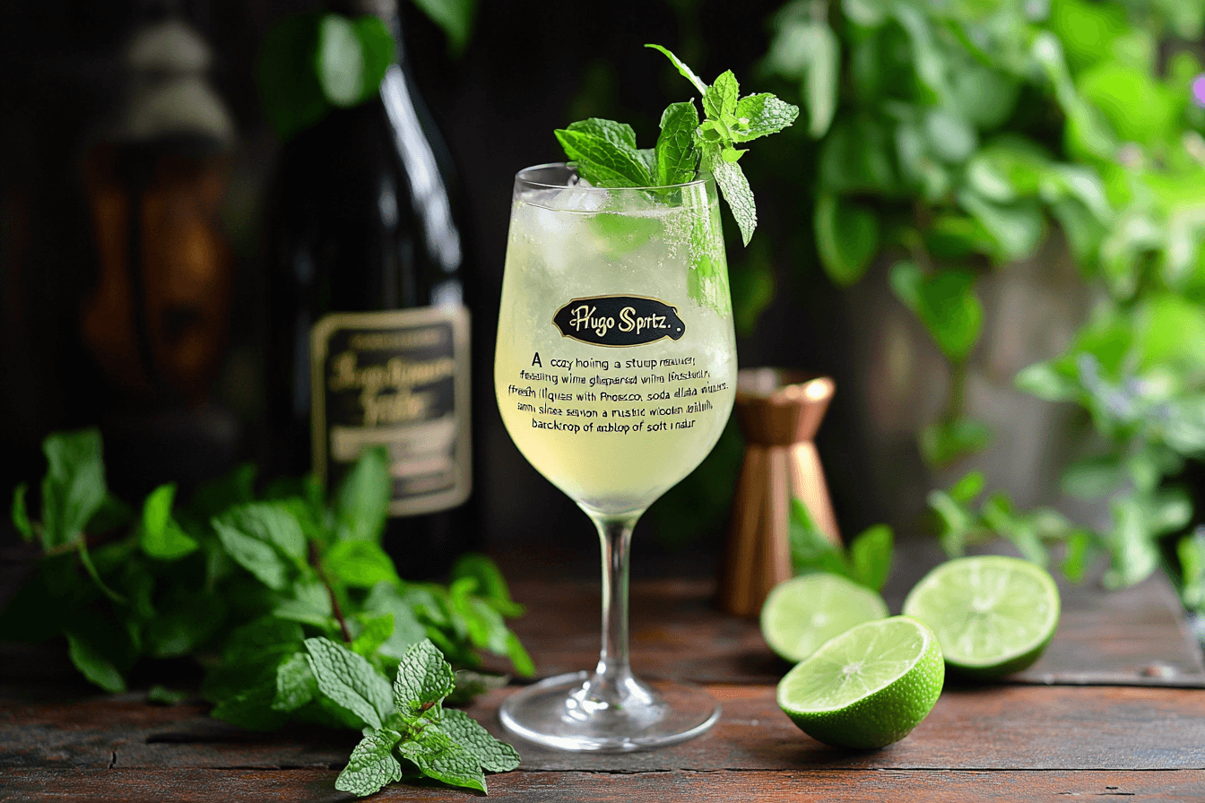 "Non-alcoholic Hugo Spritz in a wine glass garnished with lime and mint, placed on a wooden table with additional lime wedges and mint sprigs around."