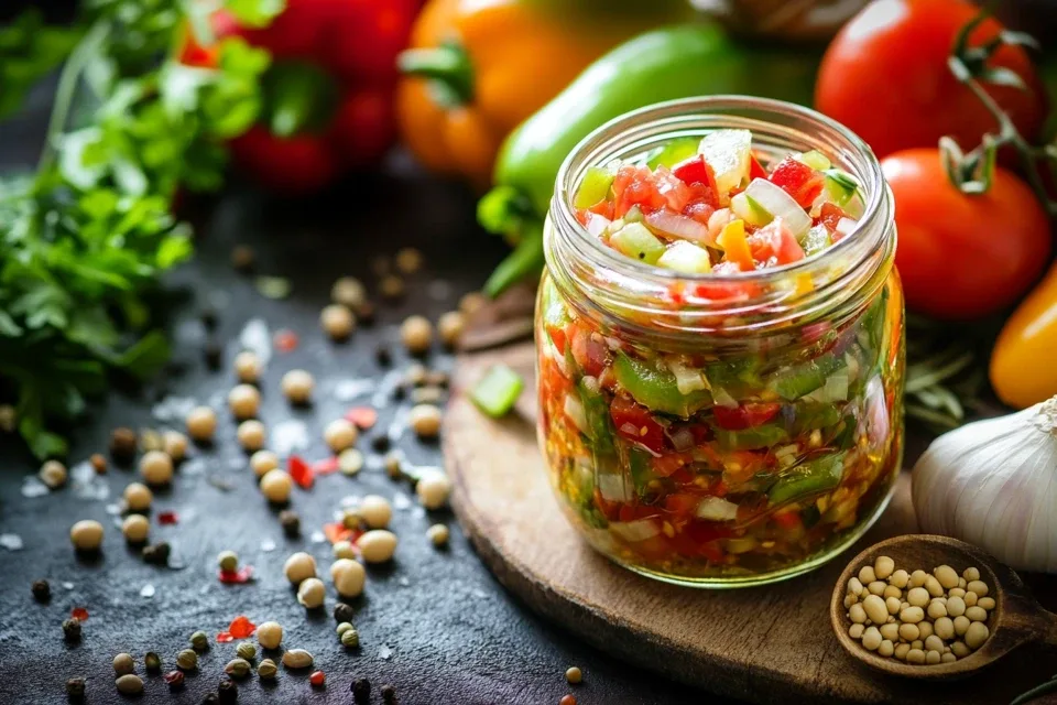 Best Homemade Chow Chow Recipe in a glass jar with fresh ingredients like cabbage, green tomatoes, bell peppers, and onions on a rustic kitchen counter.