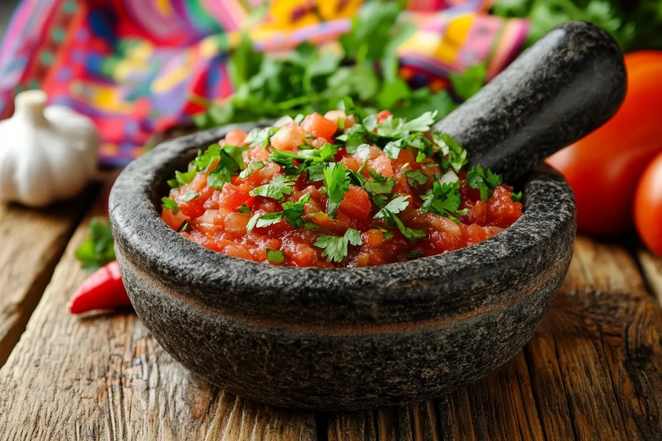 Molcajete recipes featuring a traditional stone mortar filled with fresh salsa, chilies, and tomatoes.