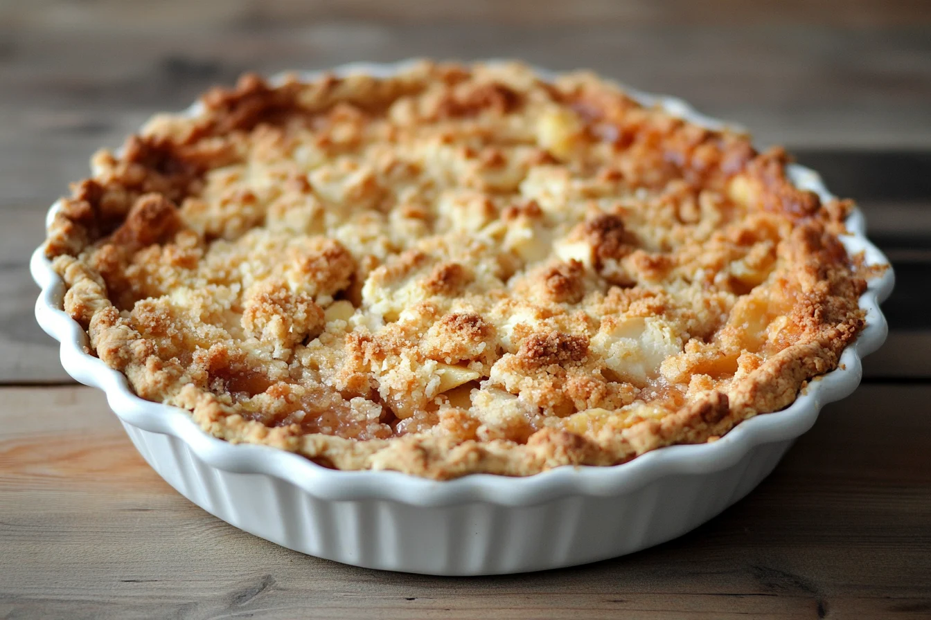 A baked apple crisp without oats in a white ceramic pie dish.