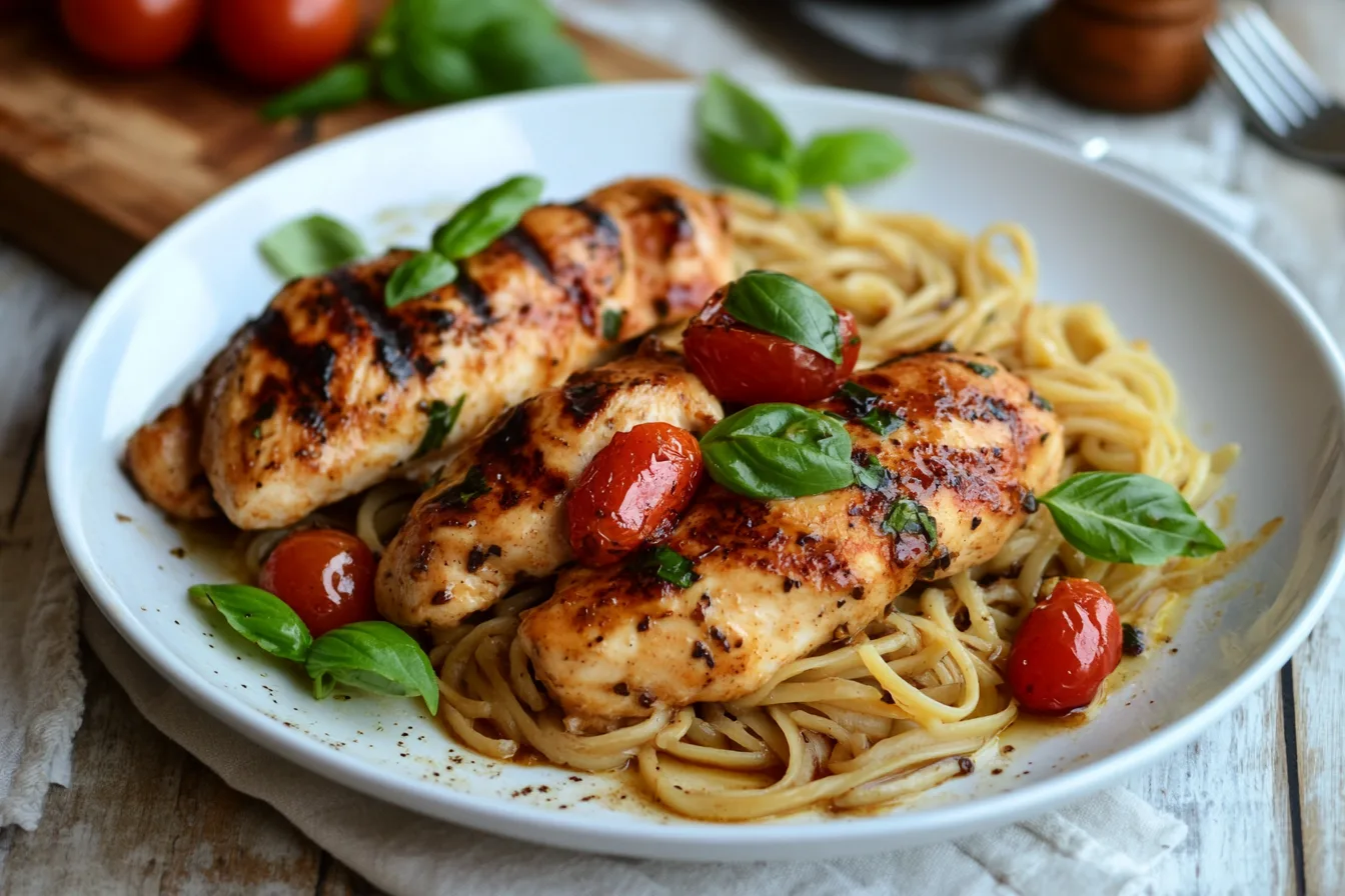 Grilled balsamic chicken breast with rosemary, served with a side of vegetables.