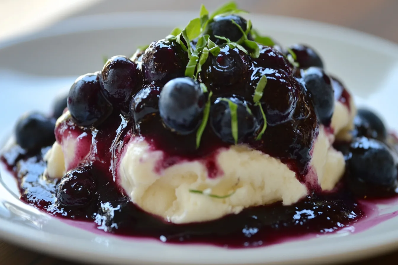 Blueberry compote topping on a creamy white base garnished with fresh herbs.