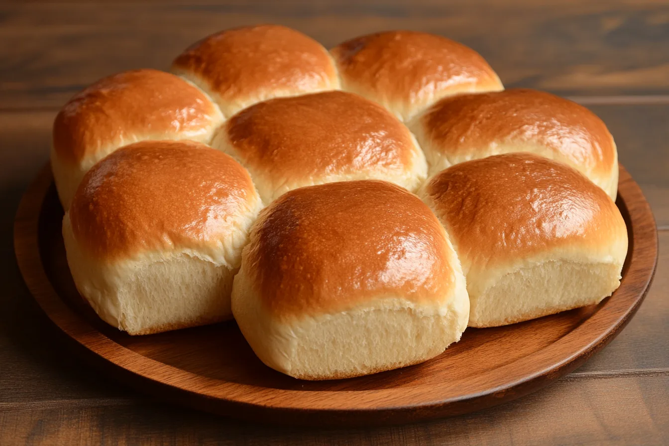 Golden, soft brioche rolls arranged on a wooden plate.