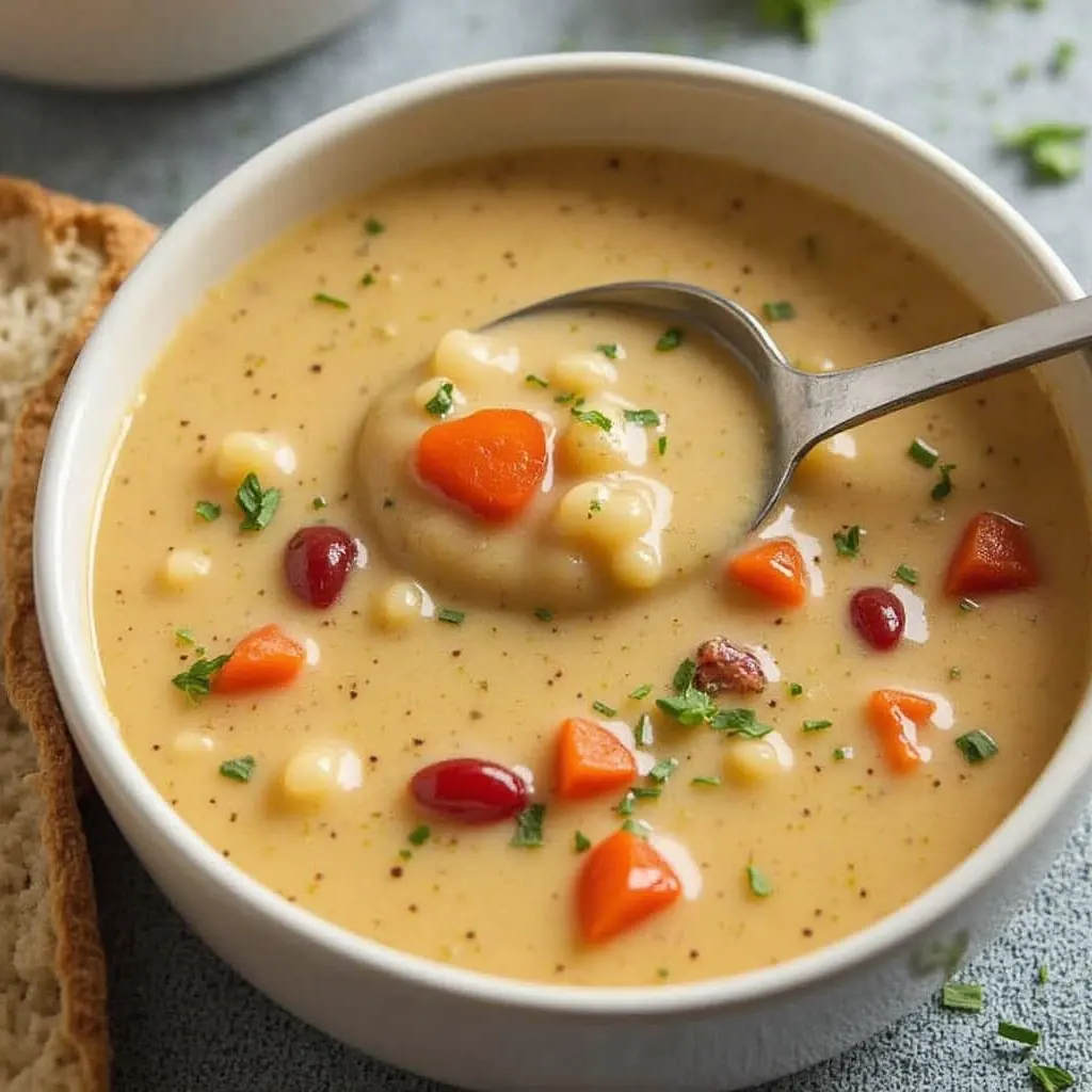 A bowl of creamy soup with carrots, beans, and parsley, served with bread.