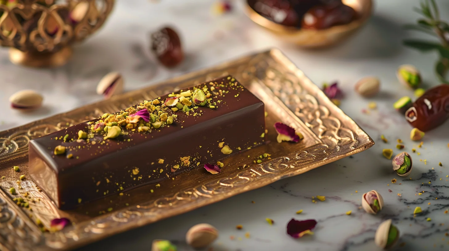 Close-up of a Dubai-inspired chocolate bar with pistachios, dates, and rose petals on a gold-accented tray.