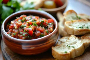 A variety of red, green, and yellow tomatoes with basil leaves in a rustic basket.