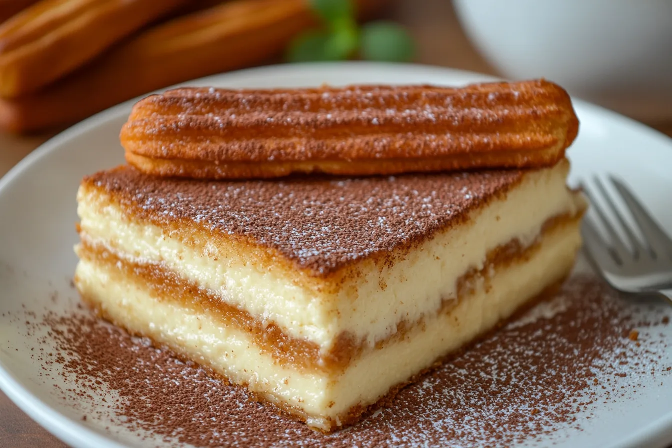 A slice of churro cheesecake dusted with cocoa powder and topped with a churro stick.