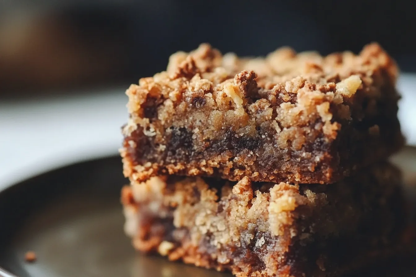 A close-up of two stacked crumbly apple crisp bars on a dark plate.